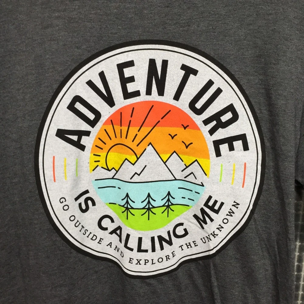 Anvil Mens T-Shirt Adventure Is Calling Me Graphic Small Gray Bacon & Co